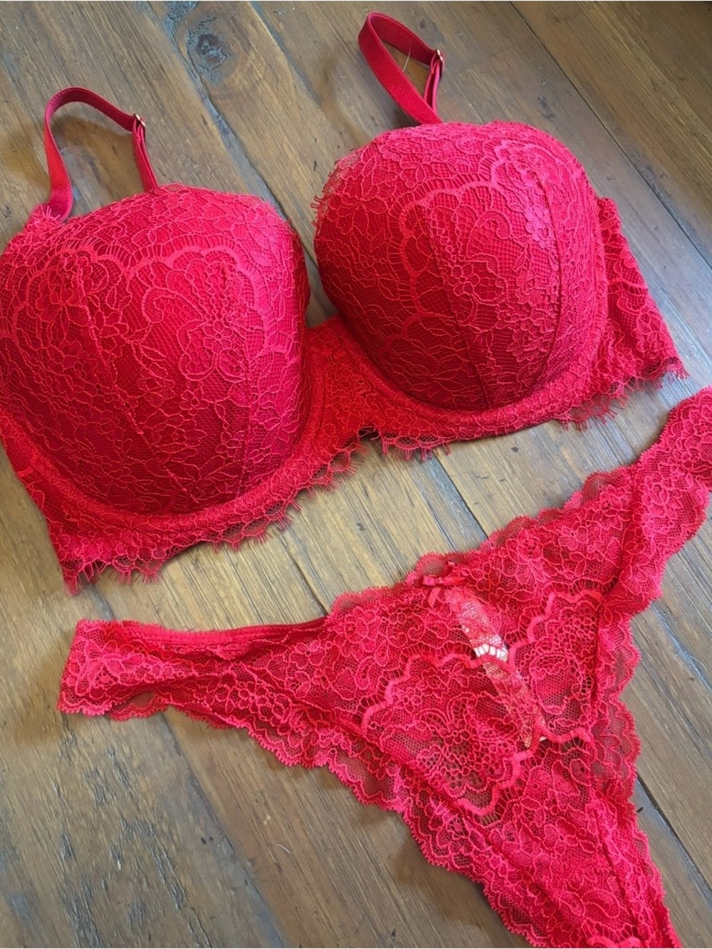 Victoria’s Secret red lace bra and thong set